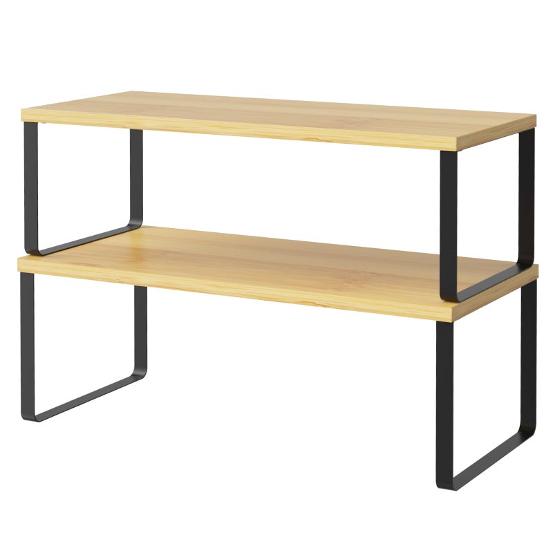 NEX Cabinet Shelf Organizer Set of 2, Kitchen Counter Shelves Spice Rack, Stackable, Expandable, Kitchen Pantry Cupboard Storage Organization, Black and Natural - Image 1