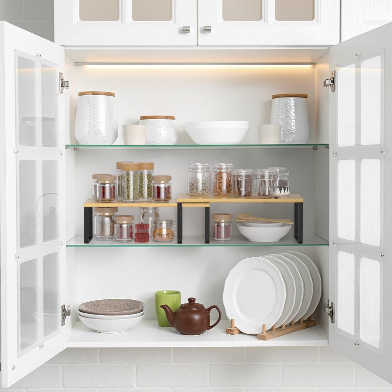 NEX Cabinet Shelf Organizer Set of 2, Kitchen Counter Shelves Spice Rack, Stackable, Expandable, Kitchen Pantry Cupboard Storage Organization, Black and Natural - Image 2