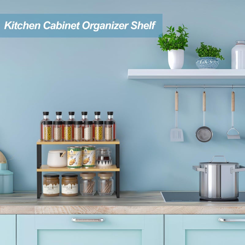 NEX Cabinet Shelf Organizer Set of 2, Kitchen Counter Shelves Spice Rack, Stackable, Expandable, Kitchen Pantry Cupboard Storage Organization, Black and Natural - Image 4