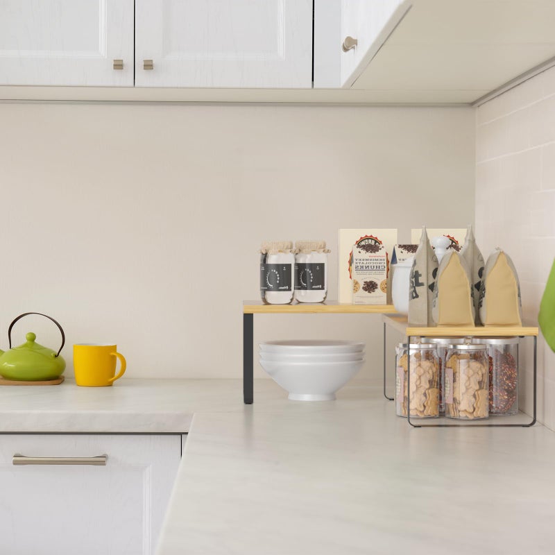 NEX Cabinet Shelf Organizer Set of 2, Kitchen Counter Shelves Spice Rack, Stackable, Expandable, Kitchen Pantry Cupboard Storage Organization, Black and Natural - Image 5