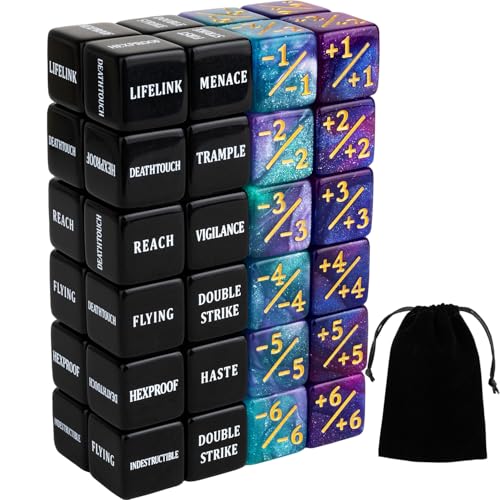 LAMJAM 48 Pieces Keywords MTG Dice Counters Plus 1 Life Counter Dice Abilities Creature Stats Buff Tokens Dice Set for Magic The Gathering MTG TCG Card Games Accessories - Image 1