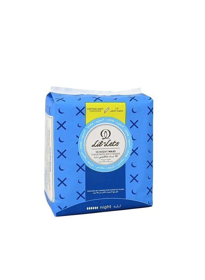 Lil-Lets Maxi Thick Night Towel Pads Napkin Super Soft Cotton Feel With Wings For Extra Security Fast Absorption Amazing Comfort Skin Friendly Leak Proof Protection 10 Pads