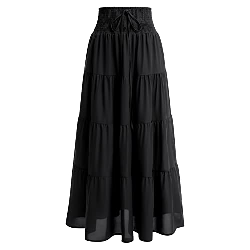 IWEMEK Women's Boho Elastic High Waist A Line Ruffle Swing Beach Maxi Skirt Tired Pleated Front Drawstring Chiffon Long Skirt Flared Casual Flowy Midi Skirts Smocked Strapless Dress Tube Top Dress Black S - Image 1