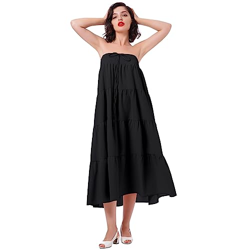 IWEMEK Women's Boho Elastic High Waist A Line Ruffle Swing Beach Maxi Skirt Tired Pleated Front Drawstring Chiffon Long Skirt Flared Casual Flowy Midi Skirts Smocked Strapless Dress Tube Top Dress Black S - Image 2