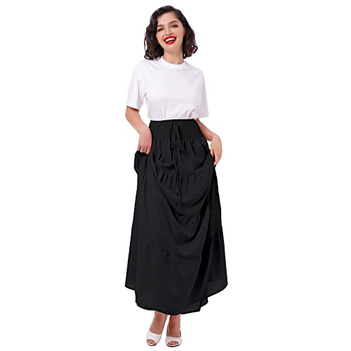 IWEMEK Women's Boho Elastic High Waist A Line Ruffle Swing Beach Maxi Skirt Tired Pleated Front Drawstring Chiffon Long Skirt Flared Casual Flowy Midi Skirts Smocked Strapless Dress Tube Top Dress Black S - Image 5