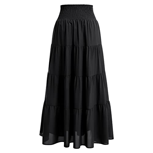 IWEMEK Women's Boho Elastic High Waist A Line Ruffle Swing Beach Maxi Skirt Tired Pleated Front Drawstring Chiffon Long Skirt Flared Casual Flowy Midi Skirts Smocked Strapless Dress Tube Top Dress Black S - Image 3
