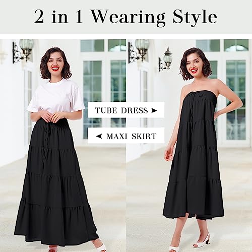 IWEMEK Women's Boho Elastic High Waist A Line Ruffle Swing Beach Maxi Skirt Tired Pleated Front Drawstring Chiffon Long Skirt Flared Casual Flowy Midi Skirts Smocked Strapless Dress Tube Top Dress Black S - Image 4