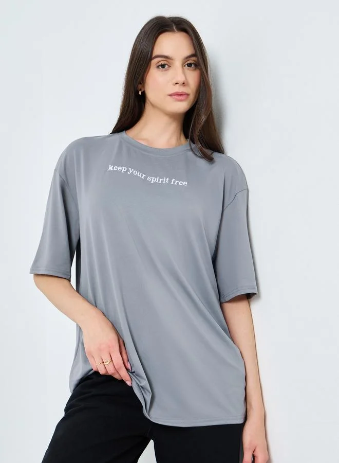Take Two Take Two Grey Embroidered Slogan Oversized T-Shirt