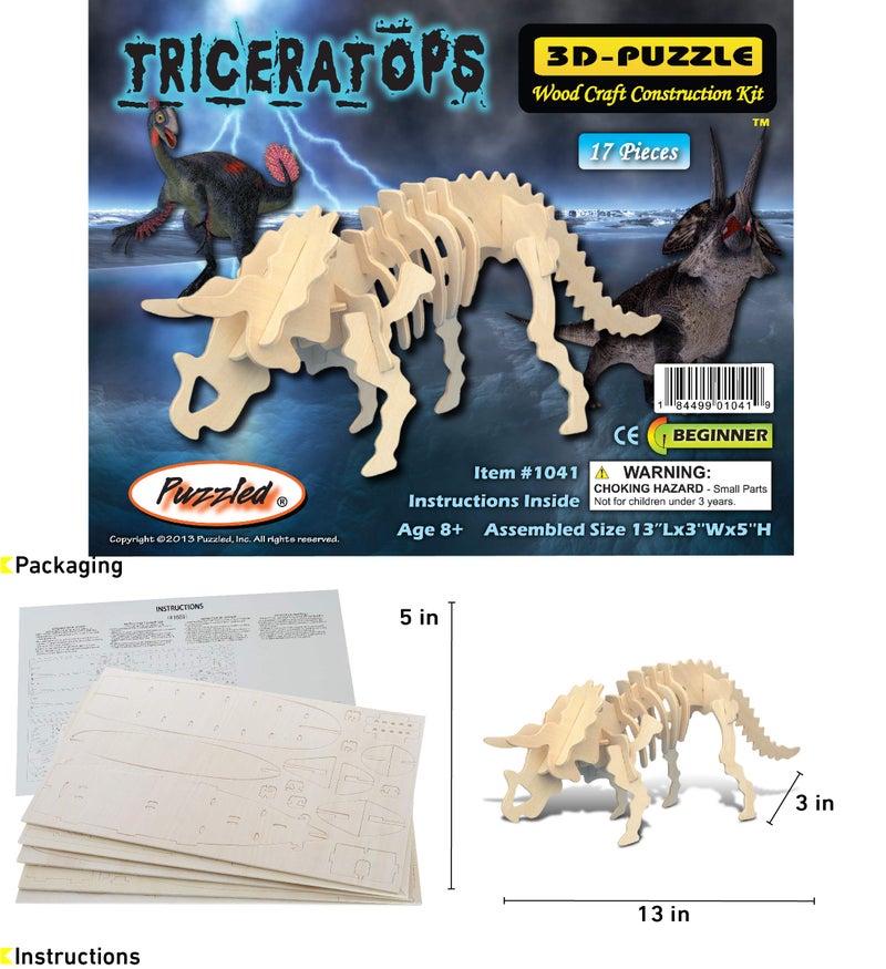 Puzzled 3D Puzzle Triceratops Dinosaur Wood Craft Construction Model Kit Fun & Educational DIY Wooden Toy Assemble Dino Model Unfinished Craft Hobby Puzzle to Build & Paint for Decoration 17pc Pack - Image 2