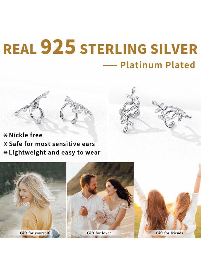 ChicSilver 925 Sterling Silver Minimalist Small Hoop Huggie Earrings Classic Leaf Ear Cuffs for Non Pierced Ears Cartilage Clip On Wrap Earrings Hypoallergenic, Sterling Silver - Image 5