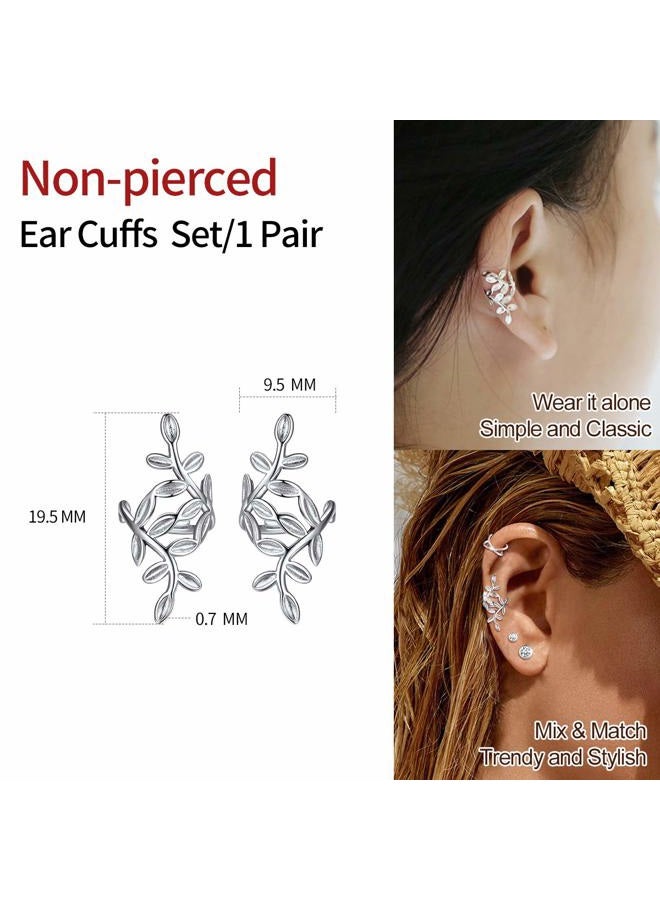 ChicSilver 925 Sterling Silver Minimalist Small Hoop Huggie Earrings Classic Leaf Ear Cuffs for Non Pierced Ears Cartilage Clip On Wrap Earrings Hypoallergenic, Sterling Silver - Image 4