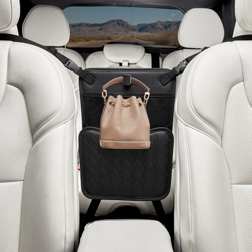 Veitail Purse Holder for Car,Car Purse Holder Between Seats,PU Leather Seat Back Organizer,Large Capacity Bag,Car Net Pocket Handbag Holder,Pet Barrier(Black) - Image 1
