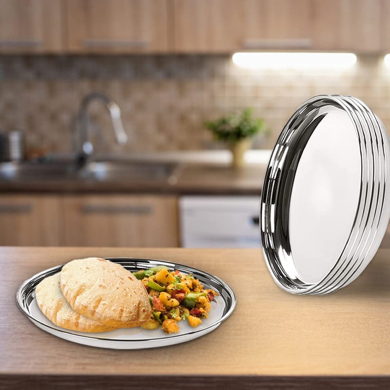 Kuber Industries Kuber Industries Stainless Steel Dinner Plates Set of 6 | 29 cm Dia I Heavy Gauge & Deep Base | Mirror Finish | Multi-Purpose Steel Thali Set of 6 | Durable and Elegant Dinnerware Set - Image 1