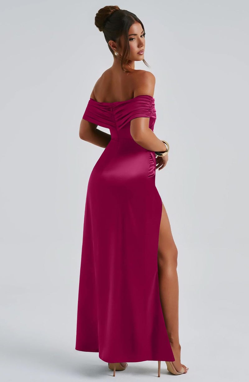 Memoriesea Women's Elegant Off Shoulder High Split Bodycon Evening Wedding Maxi Dress Rose Red - Image 5