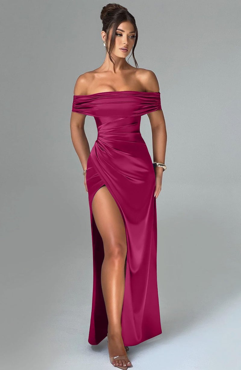 Memoriesea Women's Elegant Off Shoulder High Split Bodycon Evening Wedding Maxi Dress Rose Red - Image 2
