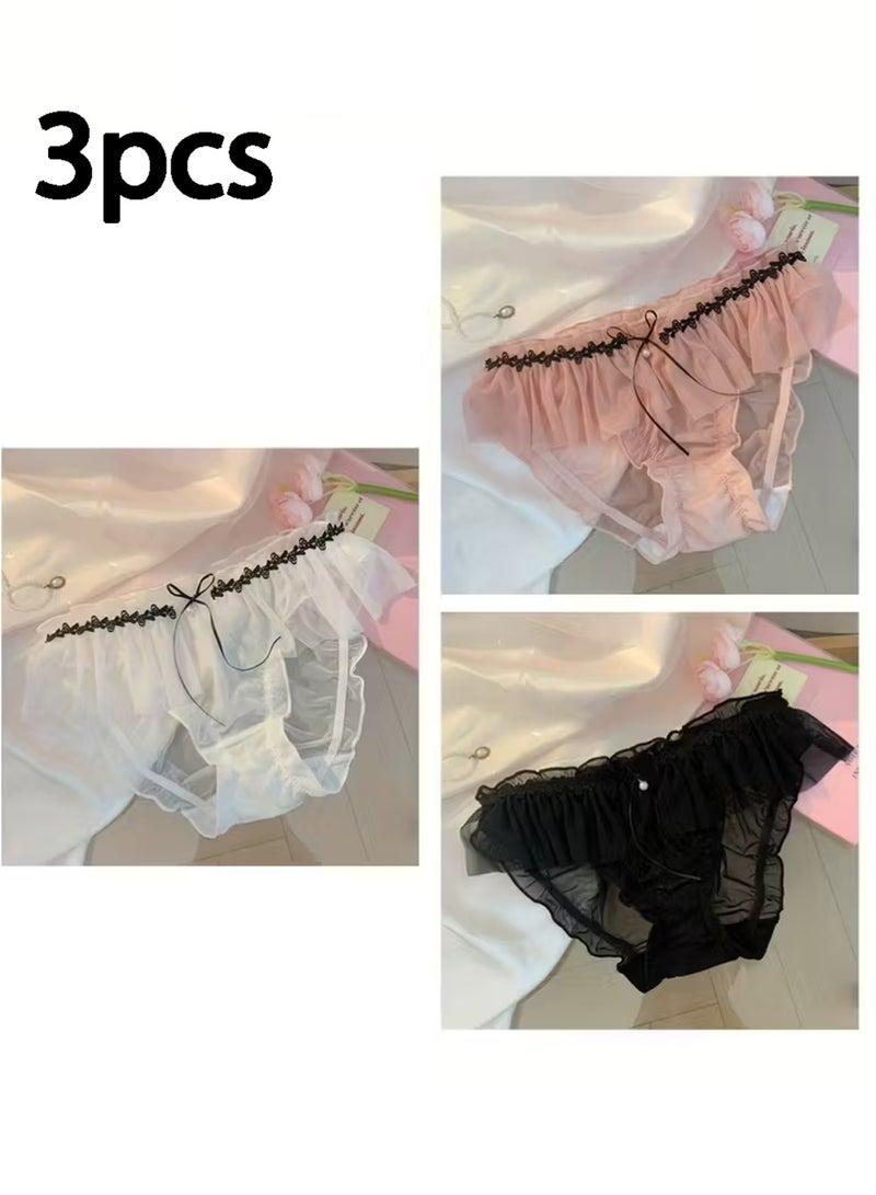 تريكل 3pcs النساء الداخلية الدانتيل - التنفس شبكة بنطلون مع القوس واللؤلؤ قلادة، الملابس اليومية والرسمية - سلسة ومريحة وأنيقة - تصميم لطيف وحلو، ملابس داخلية لطيفة، ملابس داخلية مريحة، ملابس داخلية أنيقة - Image 1