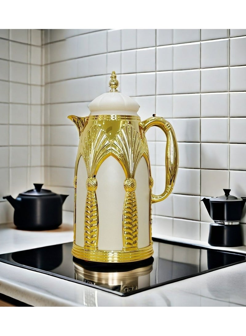 دامال ترمس قهوة وشاي أرابيكا، ترمس شاي وقهوة أرابيكا، سعة كبيرة مانعة للتسرب 1000 مل، أبيض + ذهبي - Image 1