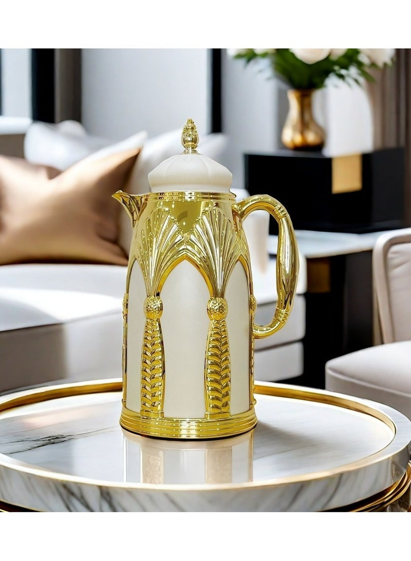 دامال ترمس قهوة وشاي أرابيكا، ترمس شاي وقهوة أرابيكا، سعة كبيرة مانعة للتسرب 1000 مل، أبيض + ذهبي - Image 2