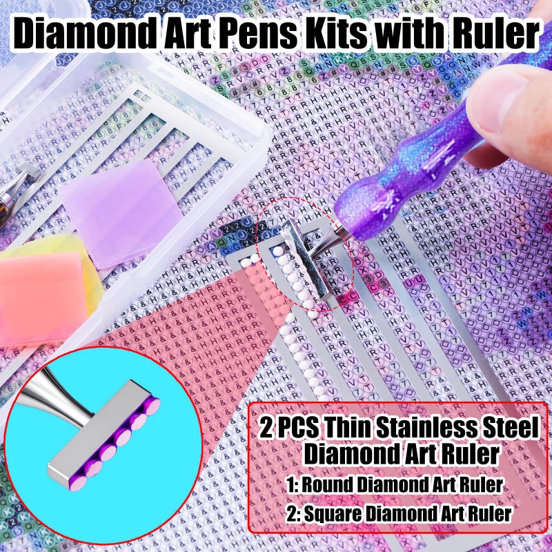 LEIYULY 12 PCS Diamond Art Pen with Ruler, 1,7 Beads Stainless Steel Nibs and Square & Round Diamond Art Ruler, Ergonomic Diamond Art Pen, 5D Diamond Painting Pens Tools, Diamond Art Kits for Adults - Image 3