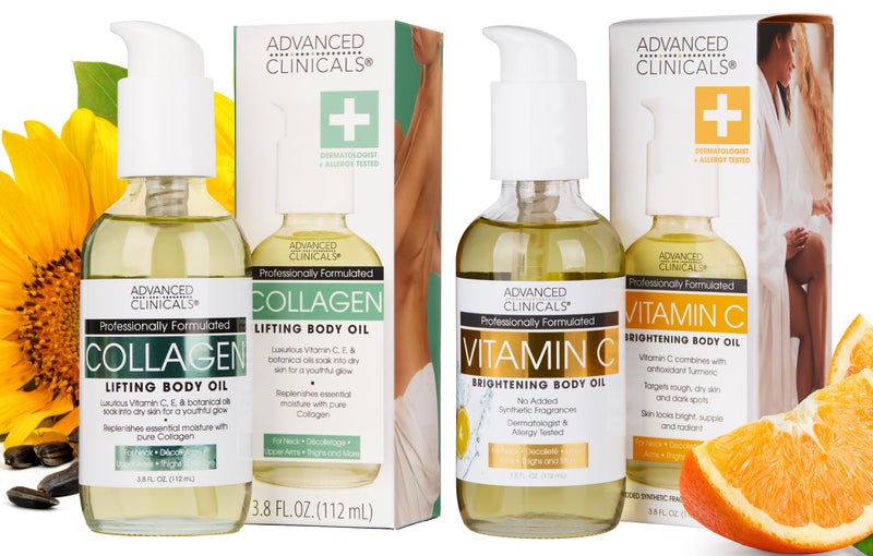 Advanced Clinicals Collagen Body Oil + Vitamin C Brightening Body Oil Moisturizer 2pc Skincare Set - Nourishing, Brightening, & Firming Massage Oil To Improve Look Of Crepe Skin + Dark Spots, 2PC Set - Image 1
