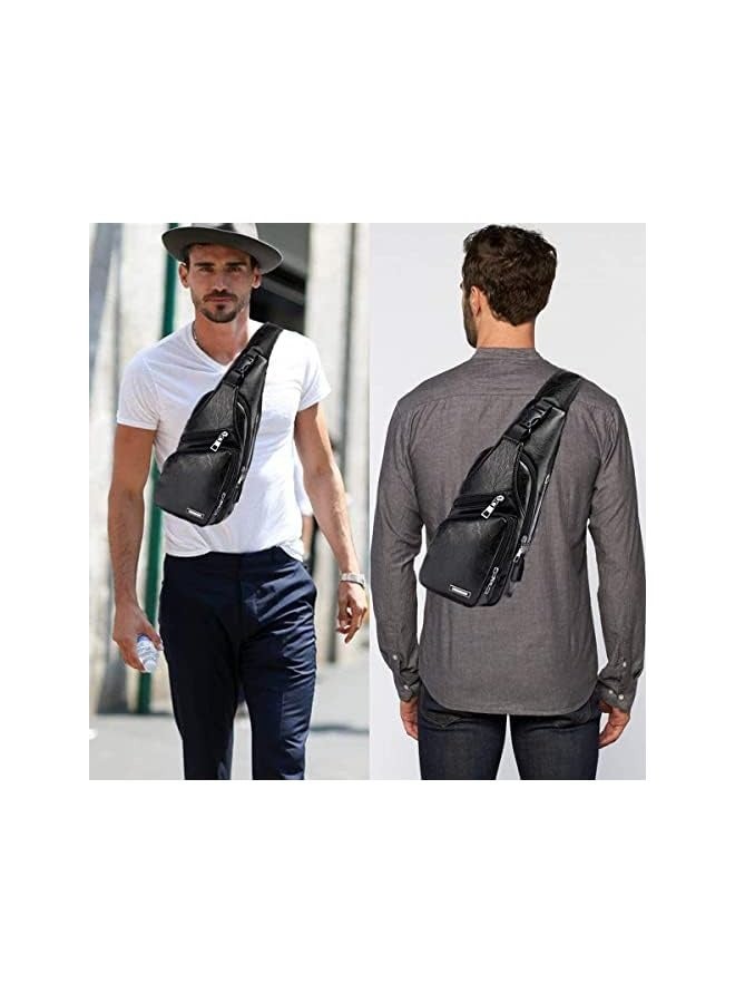 Raxoom Men's Leather Sling Bag,Chest Bags Shoulder Backpack for Mens/Women Anti-Theft Sling Shoulder Multifunctional Lightweight Crossbody Bag with USB Charging Port for Business Casual Travel Sport - Image 1