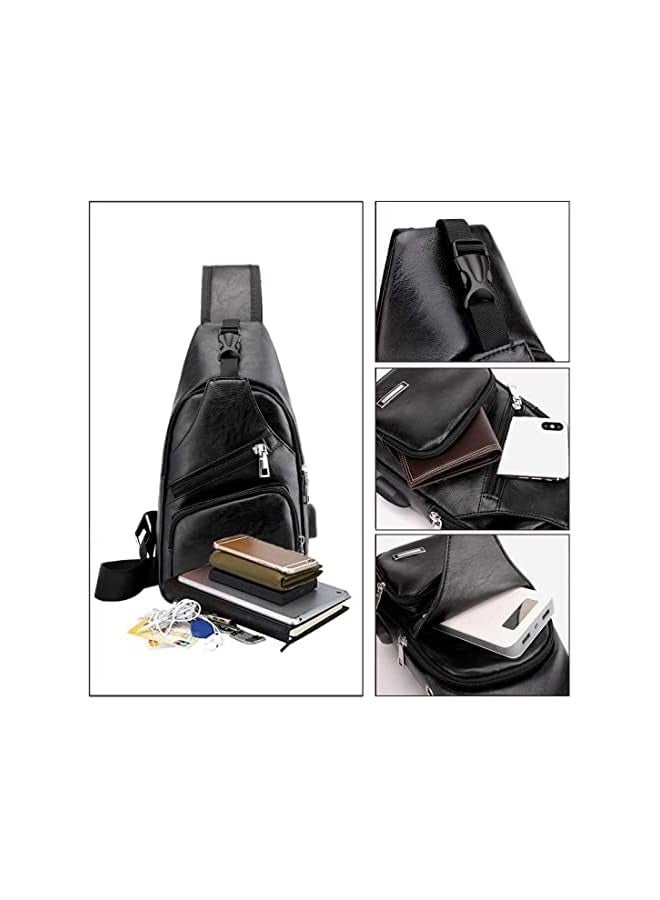 Raxoom Men's Leather Sling Bag,Chest Bags Shoulder Backpack for Mens/Women Anti-Theft Sling Shoulder Multifunctional Lightweight Crossbody Bag with USB Charging Port for Business Casual Travel Sport - Image 2