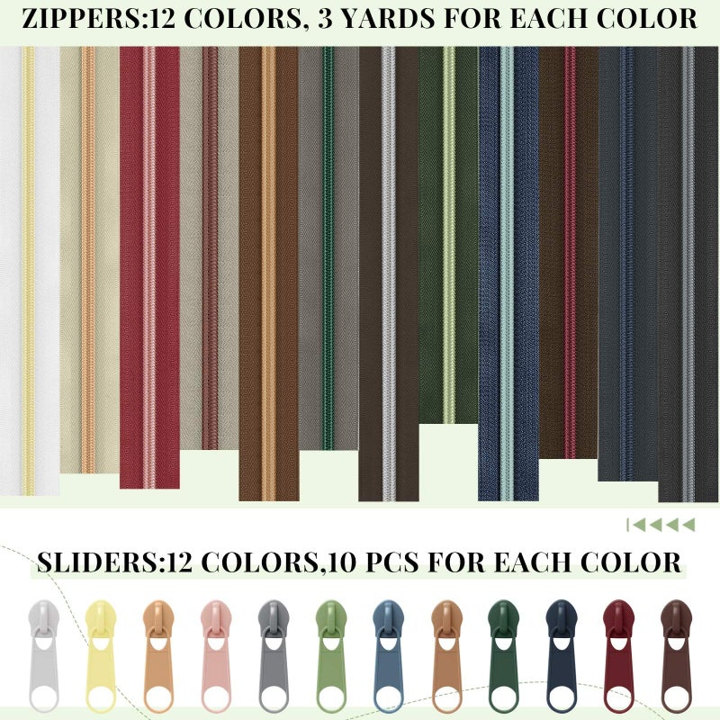 Solsew 12 Pcs 36 Yards Colourful Zippers for Sewing #5 Nylon Contrasting Colors Assorted Zipper by The Yard with 120 Sliders for Women Men DIY Tailor Bag Garment Crafts Supplies(Dark Color) - Image 3