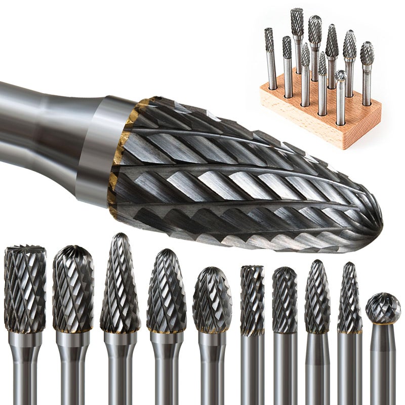 FOTYBEI 10 Pcs Carbide Burr Set 1/4 Shank w/Big Beech Holder Die Grinder Bits Drill Bits Grinding Bits for Metal Rotary Tool Attachment Accessories Rasp Weld Wood Stone for Milwaukee Dewalt - Image 1