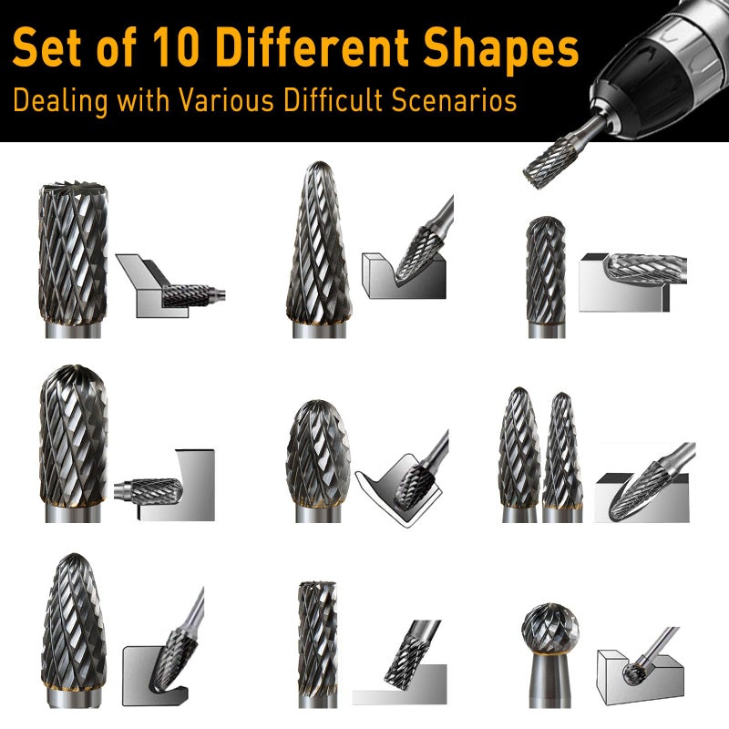 FOTYBEI 10 Pcs Carbide Burr Set 1/4 Shank w/Big Beech Holder Die Grinder Bits Drill Bits Grinding Bits for Metal Rotary Tool Attachment Accessories Rasp Weld Wood Stone for Milwaukee Dewalt - Image 5