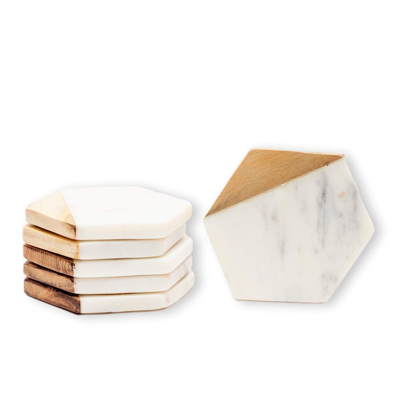 GoCraft Marble & Wood Coasters | الوقايات الرخامية الهندسية المصنوعة يدويًا مع خشب المانجو لمشروبات المشروبات الخاصة بك ونظارات النبيذ/البار (مجموعة من 6) - Image 3