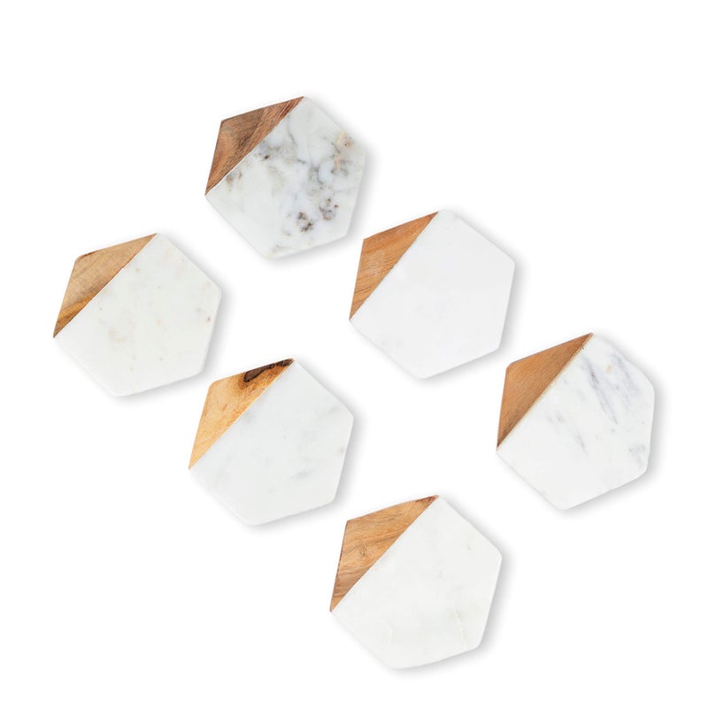 GoCraft Marble & Wood Coasters | الوقايات الرخامية الهندسية المصنوعة يدويًا مع خشب المانجو لمشروبات المشروبات الخاصة بك ونظارات النبيذ/البار (مجموعة من 6) - Image 1