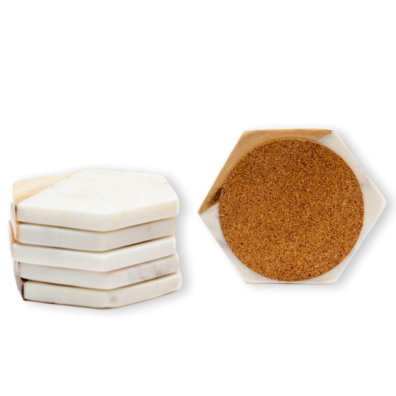 GoCraft Marble & Wood Coasters | الوقايات الرخامية الهندسية المصنوعة يدويًا مع خشب المانجو لمشروبات المشروبات الخاصة بك ونظارات النبيذ/البار (مجموعة من 6) - Image 4