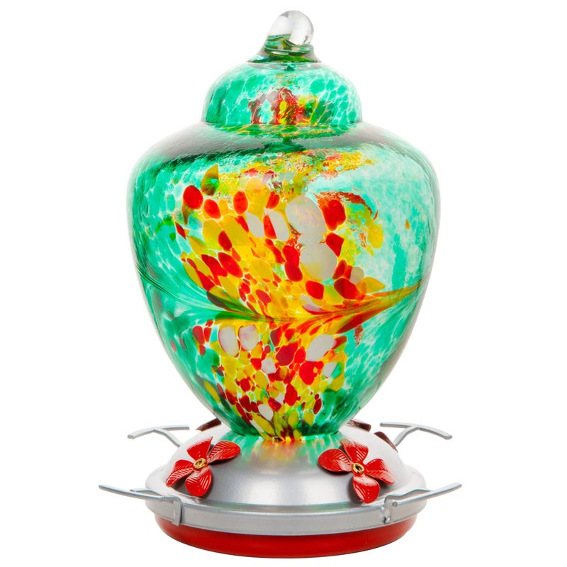 REZIPO Hummingbird Feeder with Perch Hand Blown Glass 38 Fluid Ounces Hummingbird Nectar Capacity Include Hanging Wires and Moat Hook Green