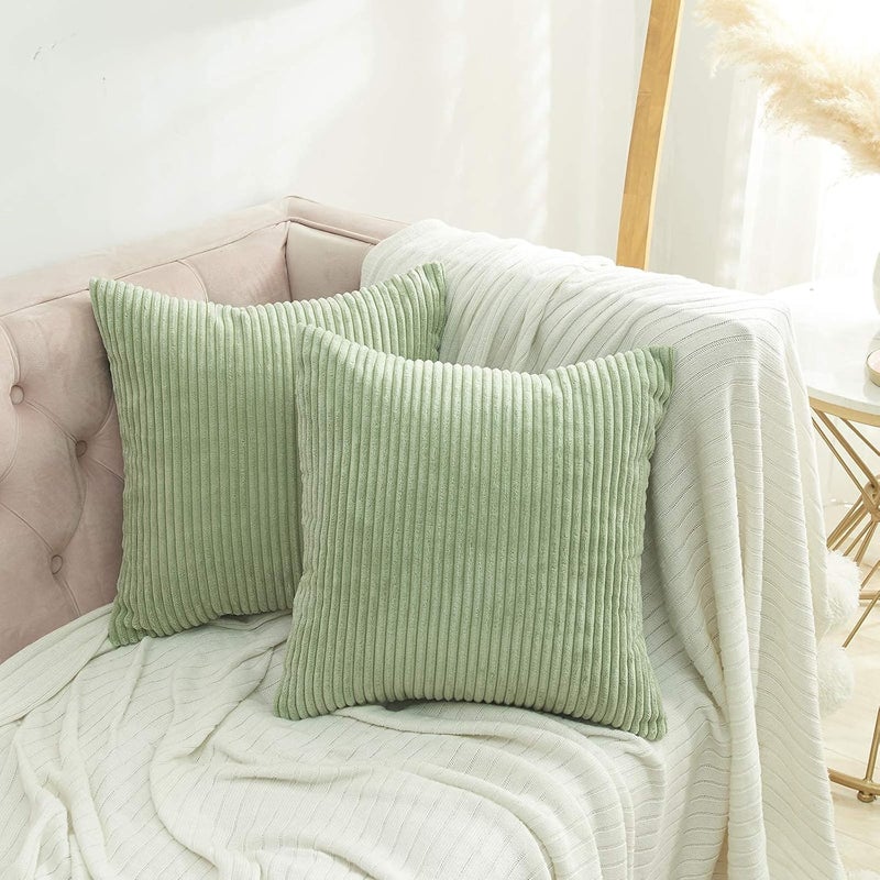 Guffaw CorduroyStrippedLuxury Cushion Covers Large Size 20X20 Inches Sage Green 2 240 TC - Image 1