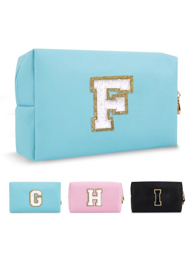 ChaoGreat Small Personalized Initial A-Z Preppy Patch Makeup Bag,PU Chenille Letter Travel Cosmetic Pouch with Zipper,Blue Cute Toiletry Bag,Gift Ideal for Teen Girls Women Teacher Bridesmaid,Letter F - Image 1