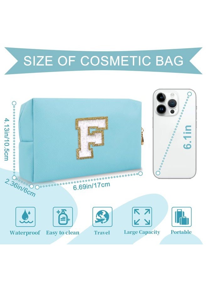 ChaoGreat Small Personalized Initial A-Z Preppy Patch Makeup Bag,PU Chenille Letter Travel Cosmetic Pouch with Zipper,Blue Cute Toiletry Bag,Gift Ideal for Teen Girls Women Teacher Bridesmaid,Letter F - Image 2