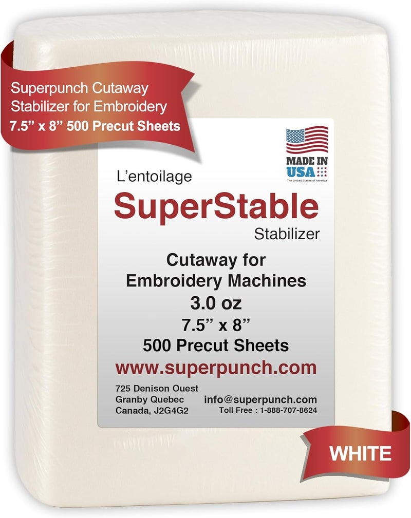 Superpunch Cutaway 3.0 oz Stabilizer, SuperStable White Thick Cut Away Stabilizer for Embroidery – 7.5 inch x 8 inch, 500 Precut Sheets Superstable Machine Stabilizers Backing, Made in USA (White) - Image 1