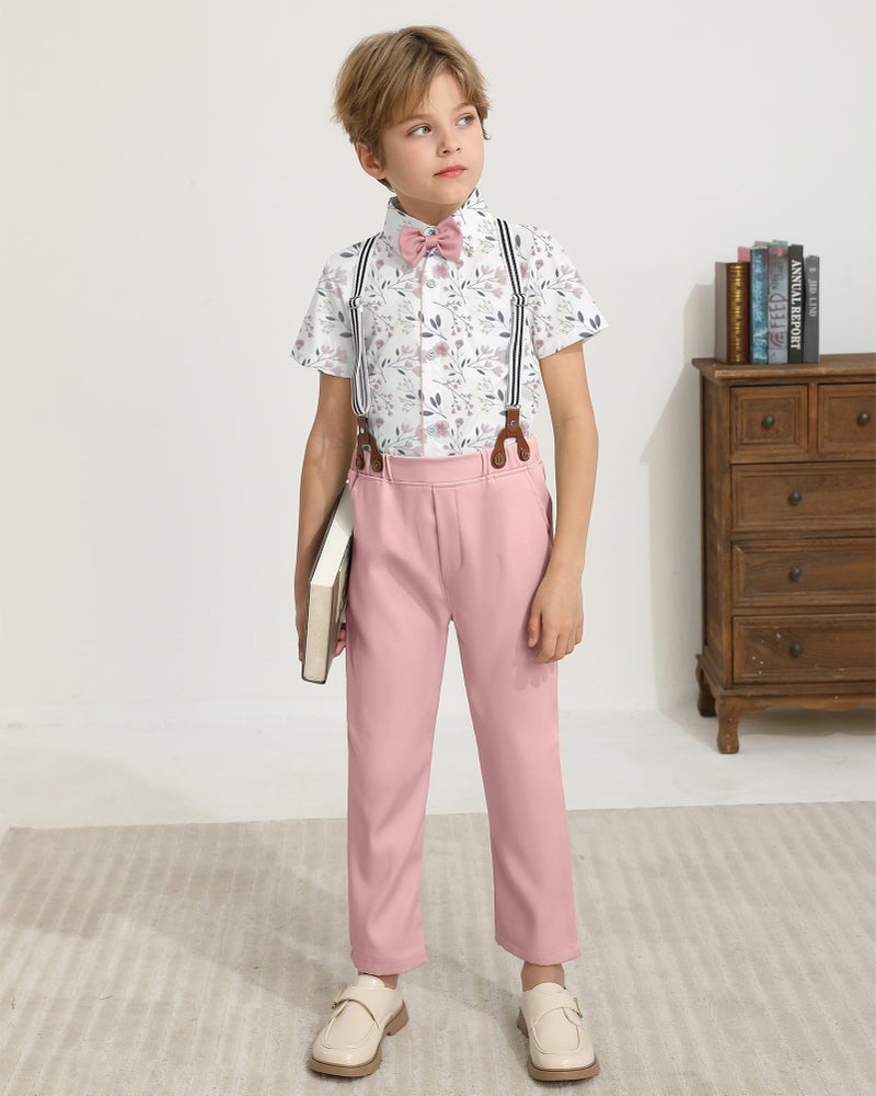 DISAUR Toddler Boy Outfit Suit Dress Shirt with Bowtie/Suspender Pants Gentleman Wedding Outfits Pink 4-5 Years - Image 5