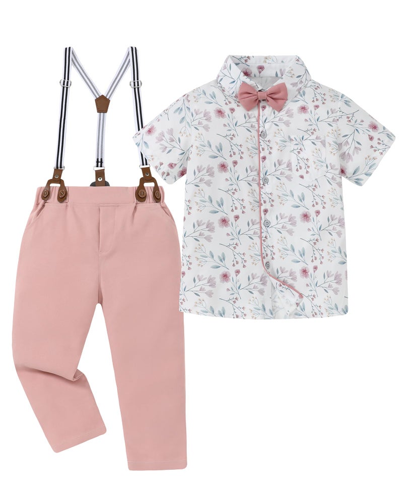 DISAUR Toddler Boy Outfit Suit Dress Shirt with Bowtie/Suspender Pants Gentleman Wedding Outfits Pink 4-5 Years - Image 1