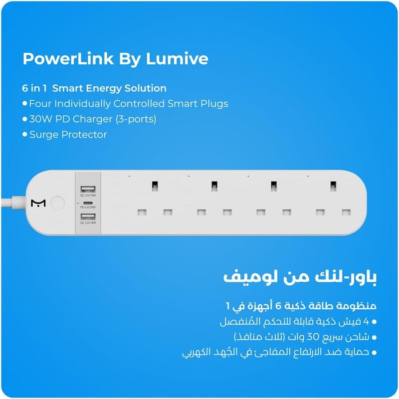 Lumive PowerLink–WiFi Smart Power Extension with Surge Protector,30W Fast Charging (2USB-A,1USB-C)&1.5m Cable–Works with Alexa&Google home,No Hub Required,Compact Design for Home,Office &Energy Saving - Image 3