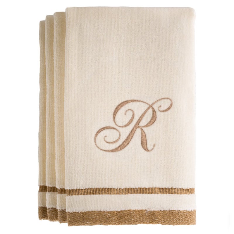 Creative Scents Monogrammed Gifts, Fingertip Towels, 11 x 18 Inches - Set of 4- Decorative Golden Brown Embroidered Towel - Extra Absorbent 100% Cotton- Personalized Gift- For Bathroom/ Kitchen- Initial R (Ivory) - Image 1