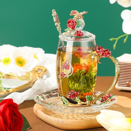 LANTREE Fancy Glass Tea Cup with Lid Saucer Spoon Flower Coffee Mug Unique Birthday Gift for Friend Female Mother-in-Low Daughter House Warming Gift(Tall Red) - Image 2