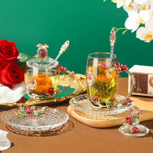 LANTREE Fancy Glass Tea Cup with Lid Saucer Spoon Flower Coffee Mug Unique Birthday Gift for Friend Female Mother-in-Low Daughter House Warming Gift(Tall Red) - Image 5