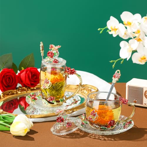 LANTREE Fancy Glass Tea Cup with Lid Saucer Spoon Flower Coffee Mug Unique Birthday Gift for Friend Female Mother-in-Low Daughter House Warming Gift(Tall Red) - Image 3