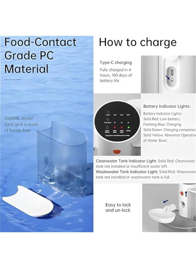 Beauenty Smart Pet Water Fountain Filterless,Wireless 3L Water Automatic Dispenser for Pets,Rechargable Cordless Cat and Dog Fountain with Timed Drainage System,Wireless Pet Pour-Over Water Dispenser - Image 3