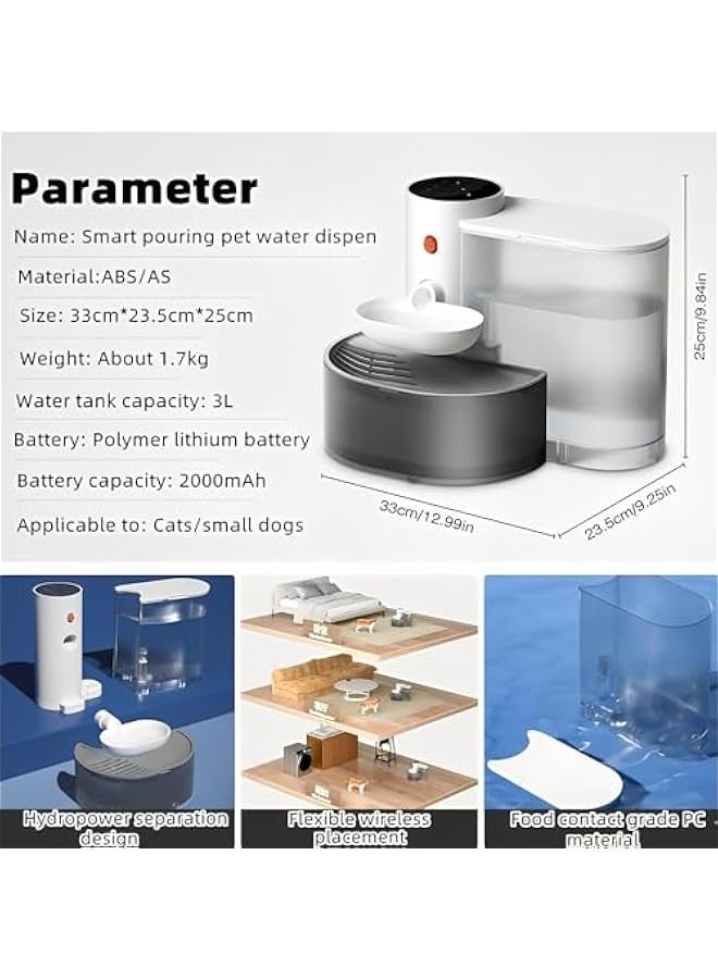 Beauenty Smart Pet Water Fountain Filterless,Wireless 3L Water Automatic Dispenser for Pets,Rechargable Cordless Cat and Dog Fountain with Timed Drainage System,Wireless Pet Pour-Over Water Dispenser - Image 4