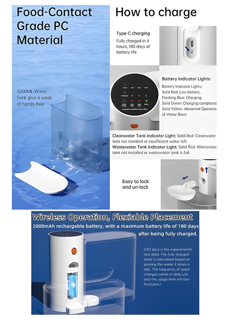 Beauenty Smart Pet Water Fountain Filterless,Wireless 3L Water Automatic Dispenser for Pets,Rechargable Cordless Cat and Dog Fountain with Timed Drainage System,Wireless Pet Pour-Over Water Dispenser - Image 3