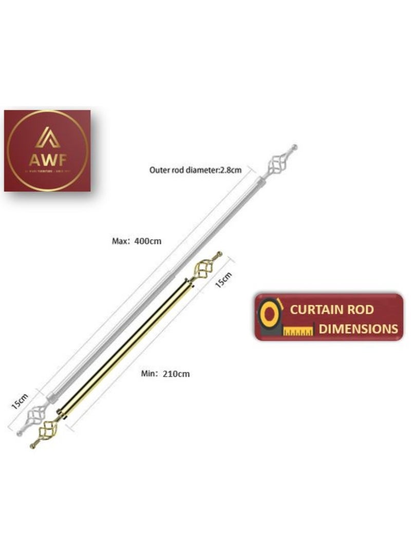 AL WADI FURNITURE مجموعة من 2 قضبان ستائر فاخرة قابلة للتعديل بأسلوب الرومان، قضبان معدنية ثقيلة مع نهايات زخرفية لمعالجة النوافذ (ذهبي، 200 – 400 سم) - Image 2
