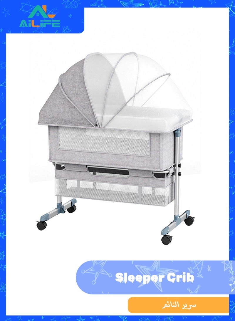 Al LIFE Portable Baby Bedside Sleeper Crib with Removable Mosquito Net, Foldable Design & Breathable Mesh - Grey, 95x60x80cm - Image 1