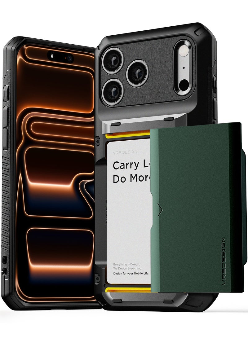 VRS Design Damda Glide Pro iPhone 17 Pro MAX Case Cover Wallet with Semi Automatic Credit Card Holder Slot [4 Cards] - Metallic Green - Image 1